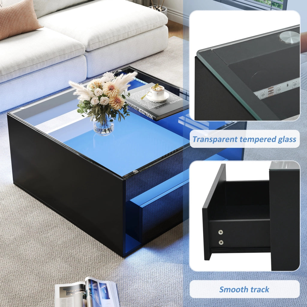 Tavolino da salotto 70 × 70 × 35 cm con 2 cassetti LED controllabile via app piano in vetro temperato MDF nero
