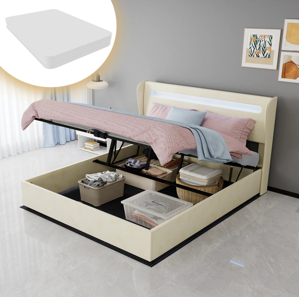 Letto imbottito moderno 160x200 cm con testiera LED integrata beige e base contenitore con meccanismo a gas