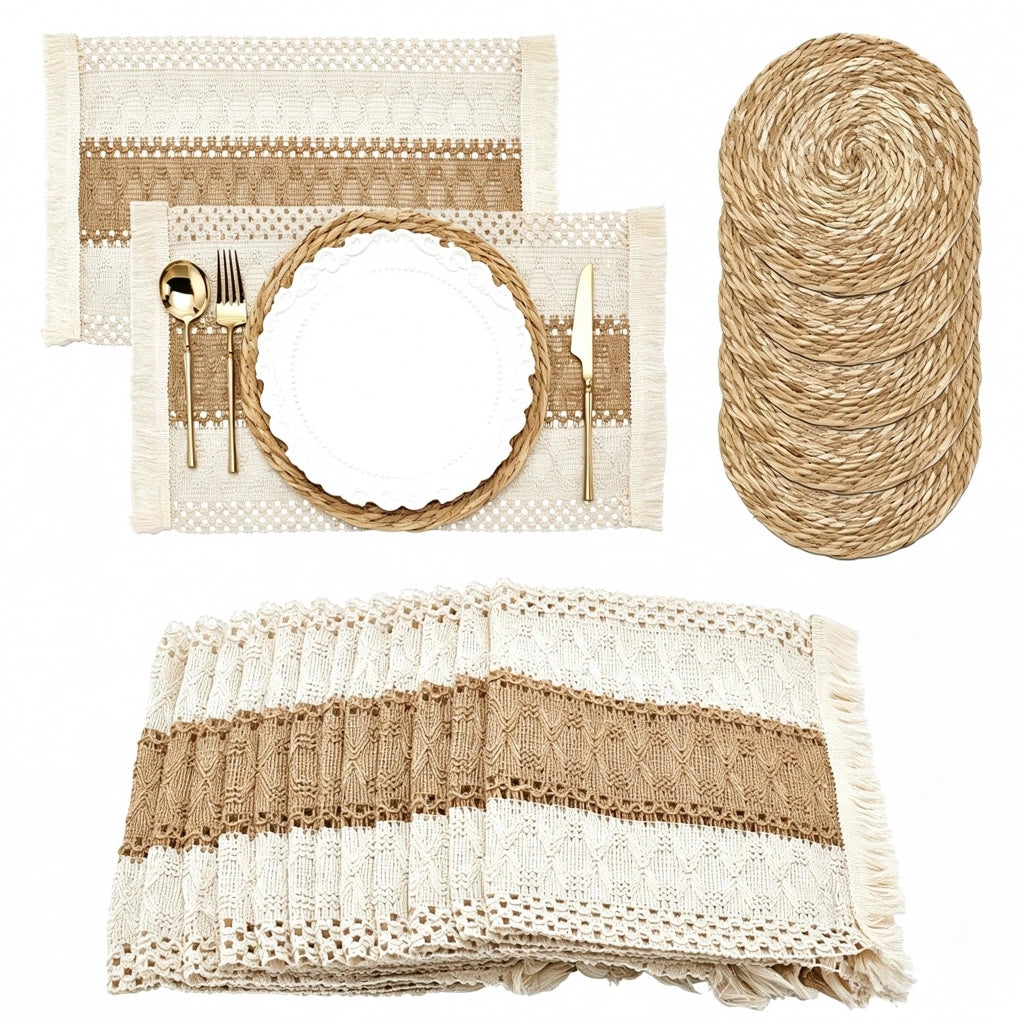 Sottopiatti in rattan in stile boho, 12 rettangolari + 12 rotondi, set da 24 pezzi