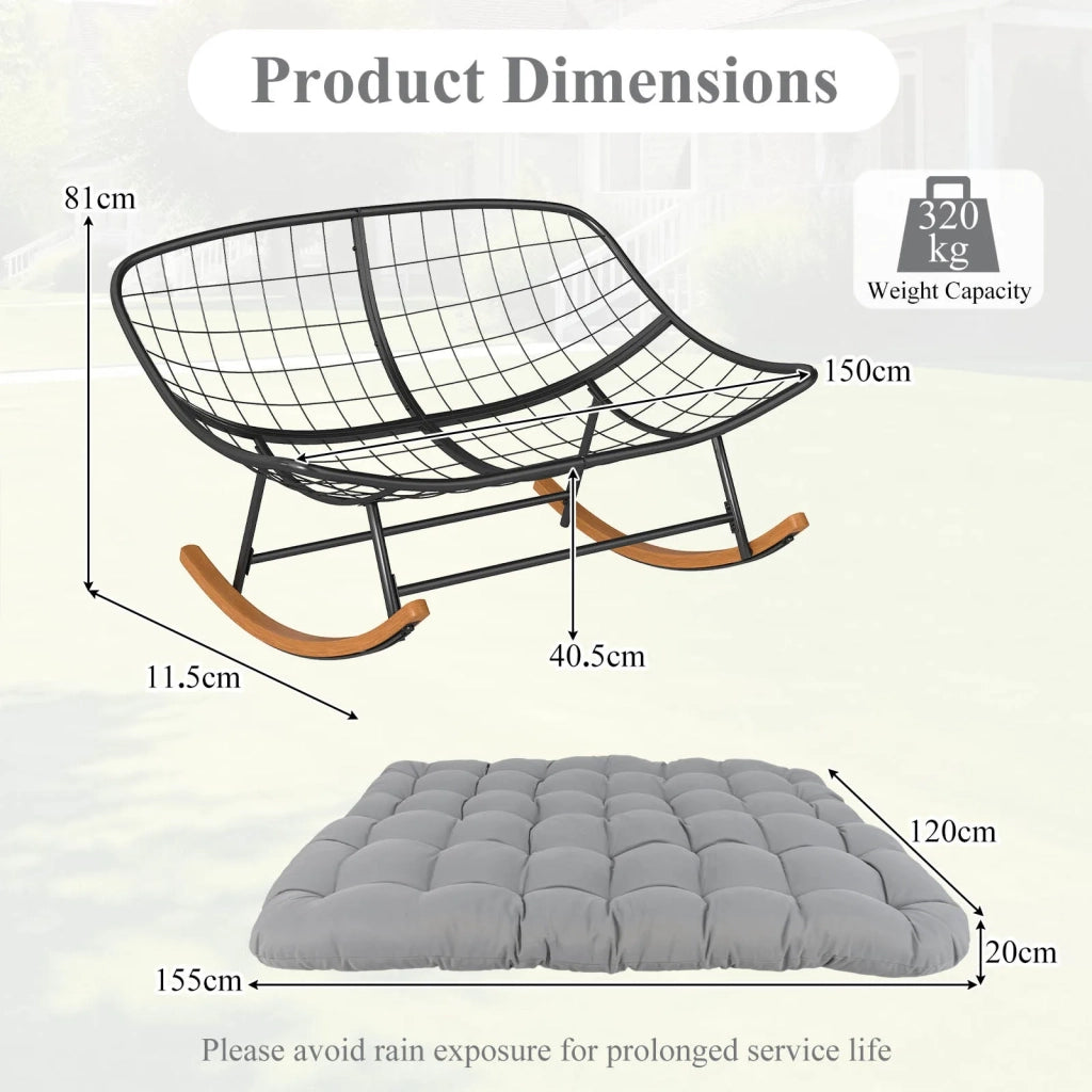 Sedia a dondolo papasan doppia 2 posti in metallo grigio con cuscino spesso 20 cm, poltrona relax per giardino e casa