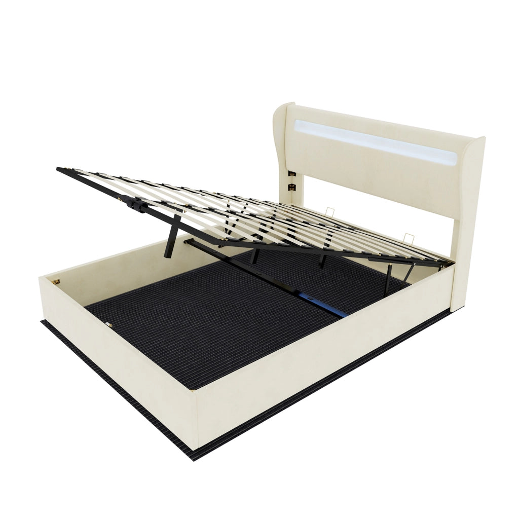 Letto contenitore adulti 140x200 cm con testiera regolabile e LED in tessuto beige per camera da letto, senza materasso