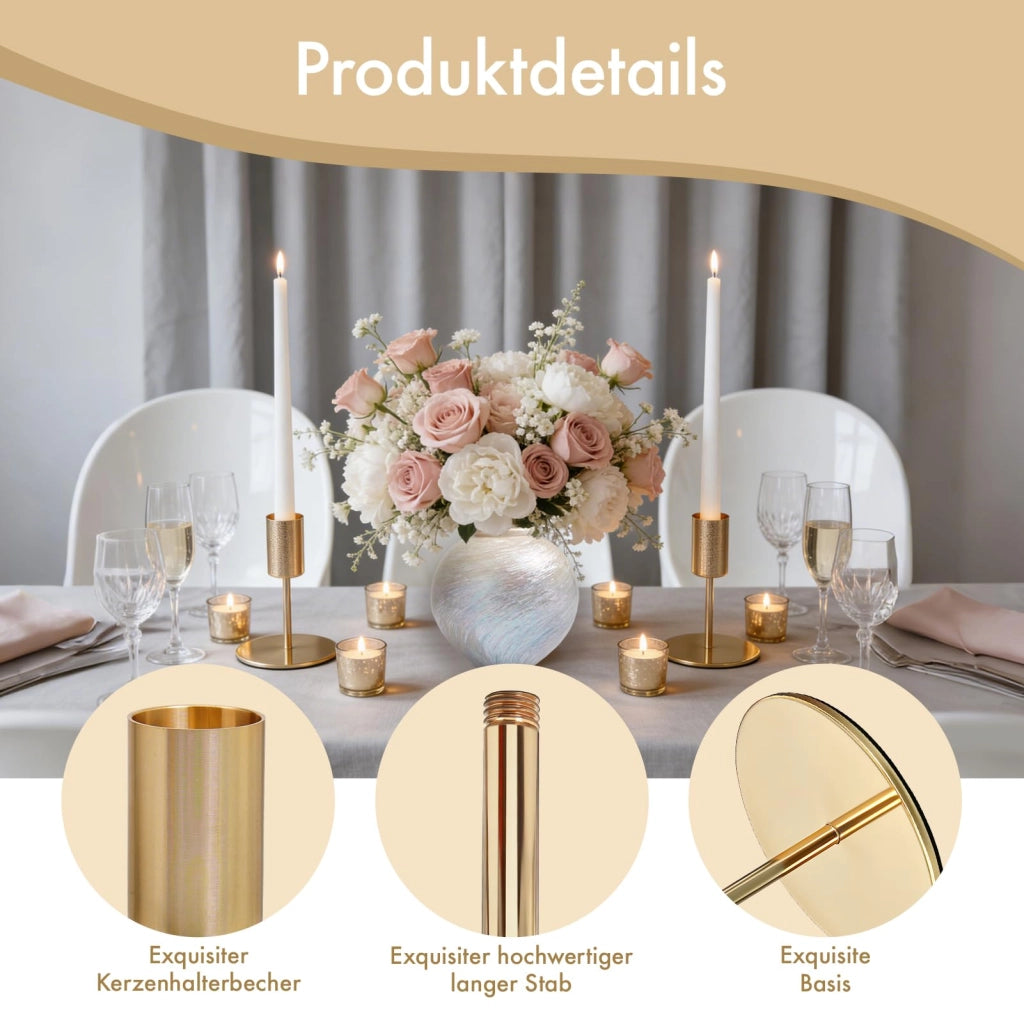 Set di 8 portacandele dorati in metallo, altezza 9,5 cm, per candele cilindriche di diametro 2,2 cm
