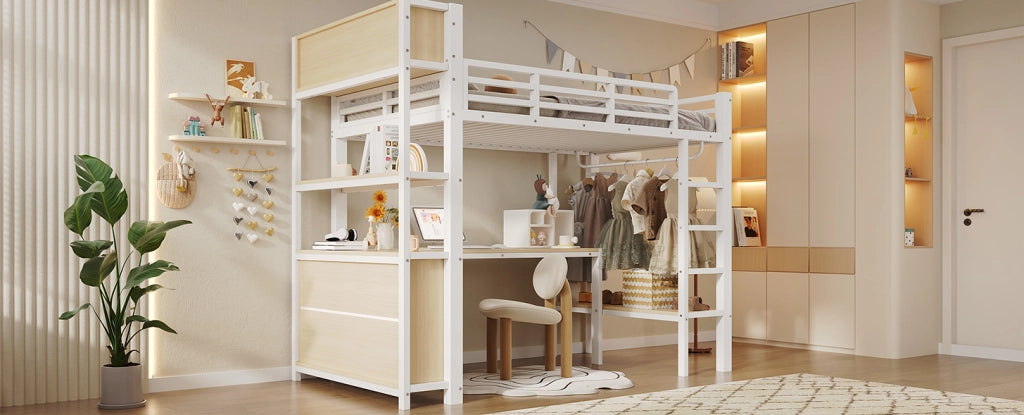 Letto a soppalco 90x200 cm con scrivania, appendiabiti, scaffali e cassettiere, bianco, senza materasso