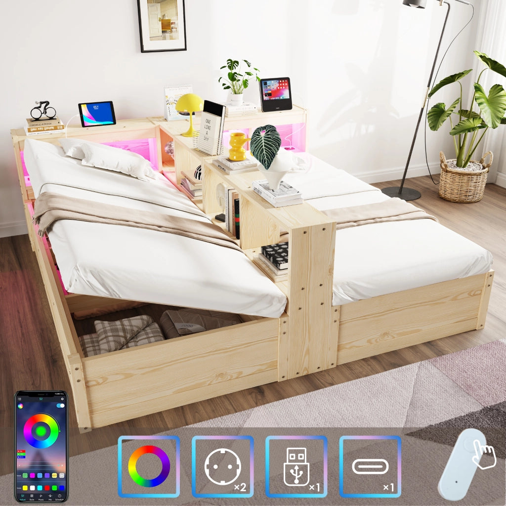 Letto matrimoniale multifunzionale con vano contenitore idraulico LED e prese integrate in legno naturale