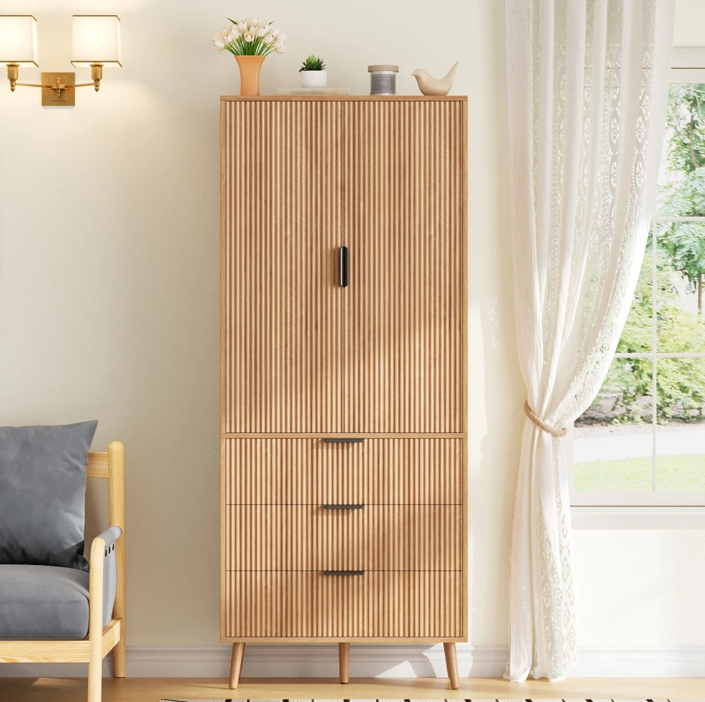 Armadio alto in MDF con 2 ante, 3 cassetti e ripiani regolabili, 75 x 35 x 180 cm