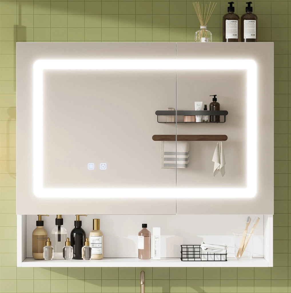 Armadietto a specchio bianco per bagno con illuminazione e funzione antiappannamento, 80 x 17 x 70 cm