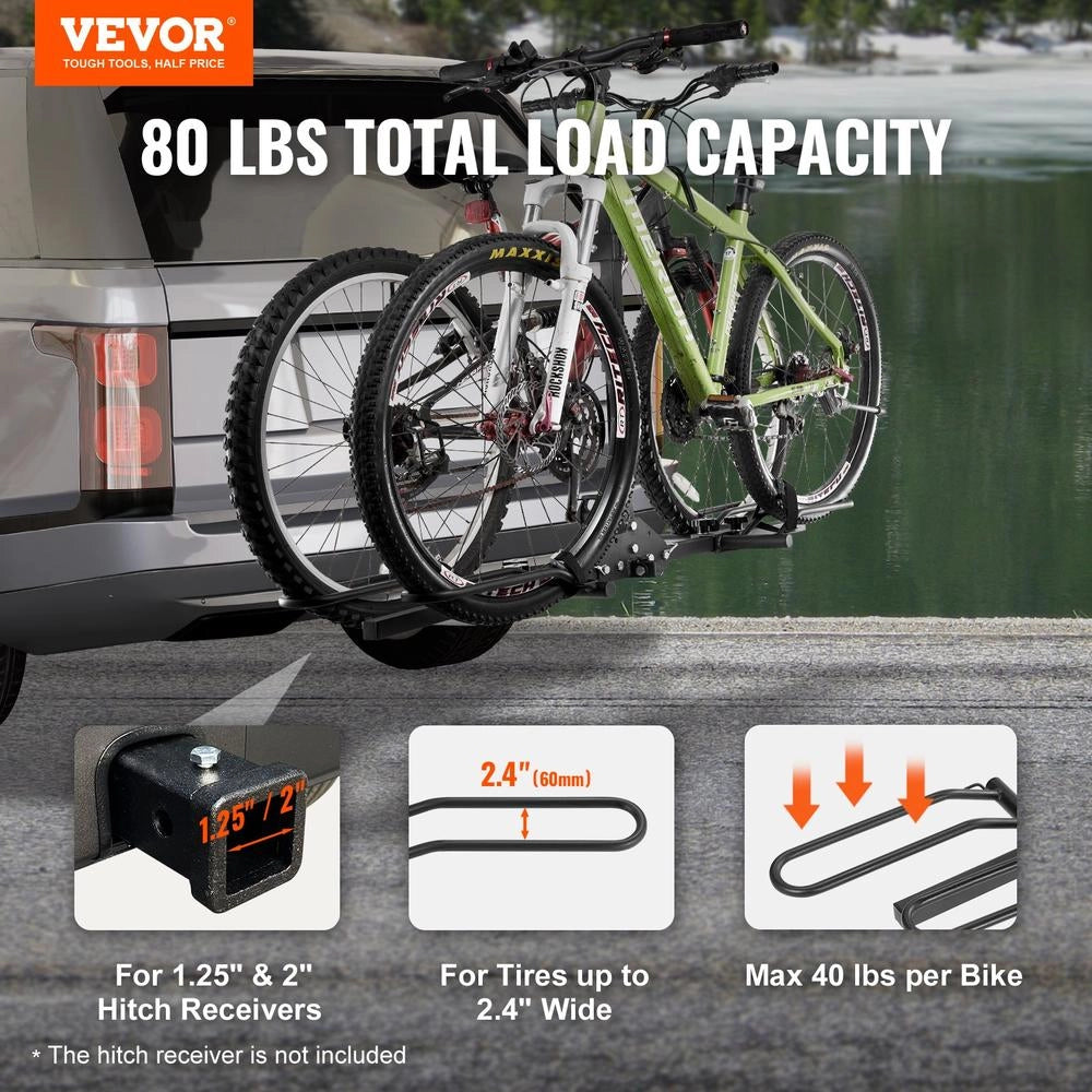 Portabici a gancio di traino RC-1803J, piattaforma pieghevole con inclinazione, per max. 2 bici, auto, SUV, camion, camper, 80 libbre, 1,25/2 pollici