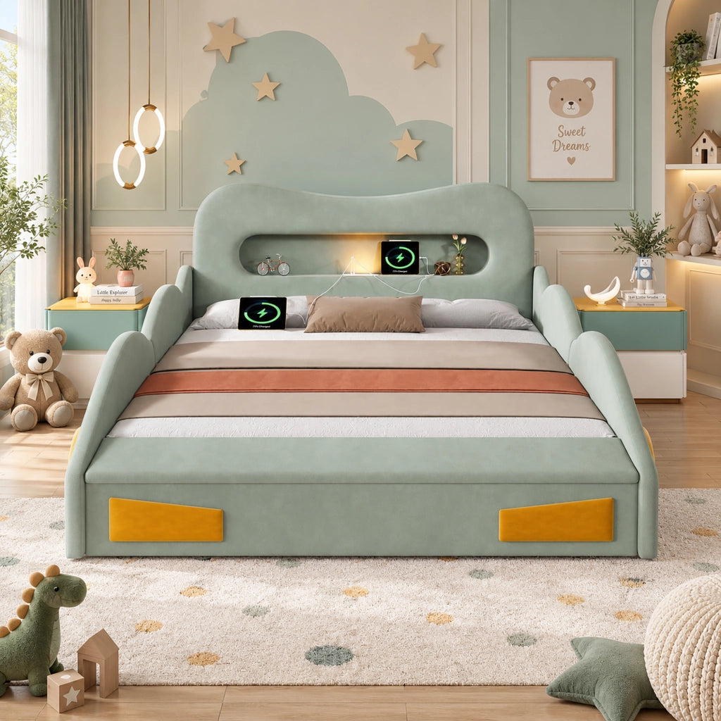 Letto A Forma Di Auto Per Bambini 140 X 200 Cm; Verde; Imbottito In Flanella Con Luce E Contenitore