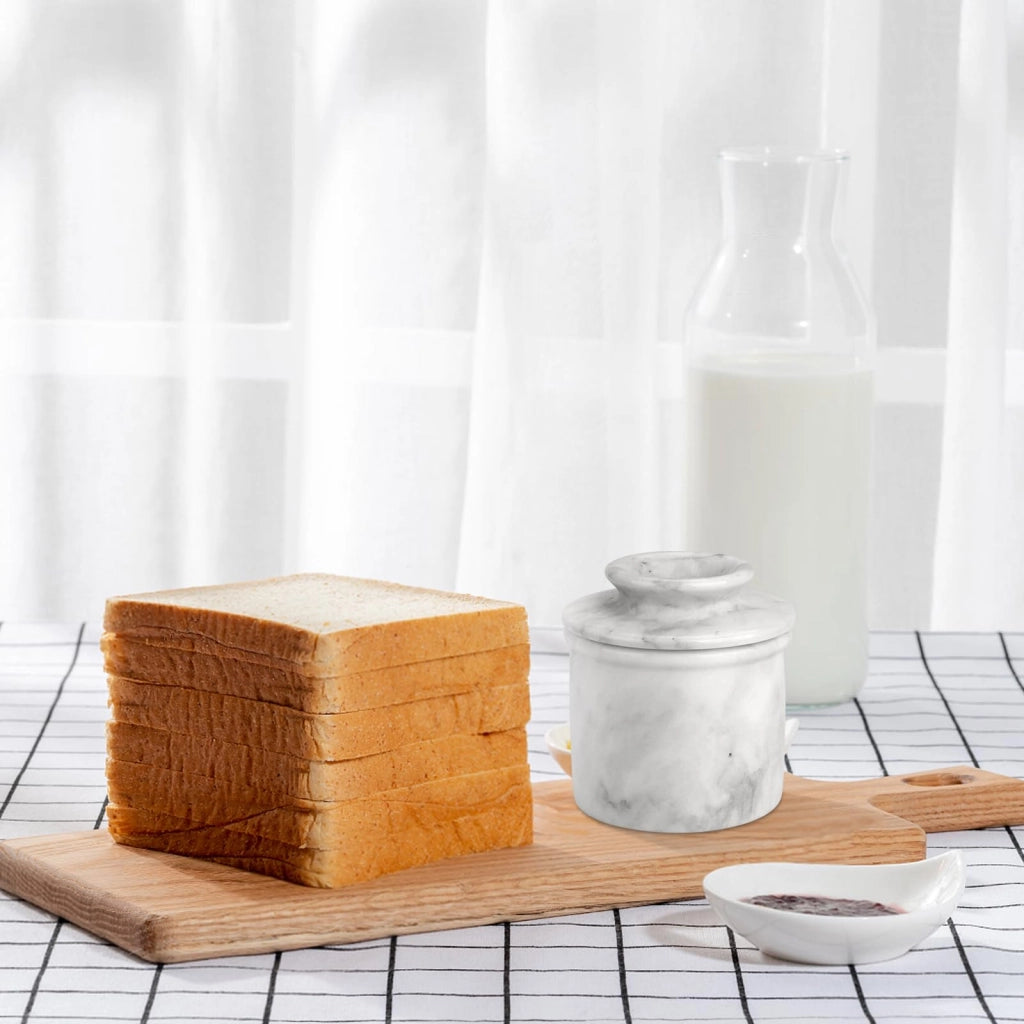 Contenitore per burro in marmo con coperchio, bianco-grigio, capacità 90 ml
