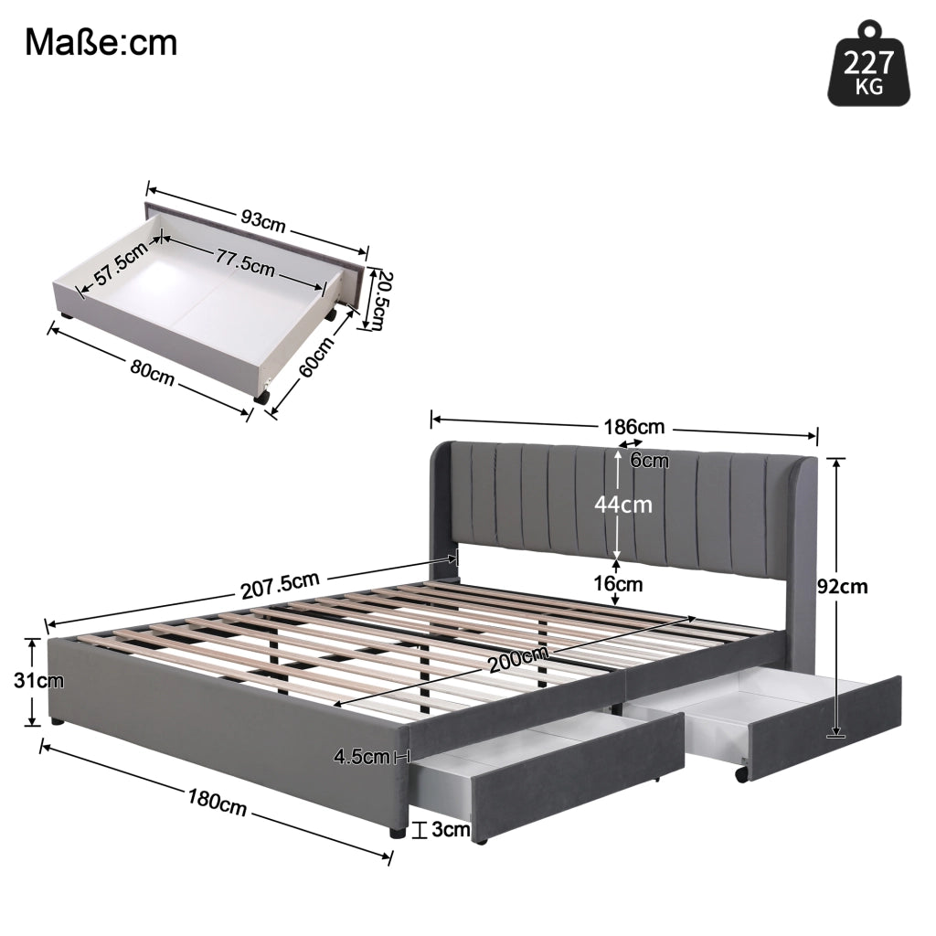 Letto matrimoniale imbottito 180x200 in velluto grigio con rete a doghe e 2 cassetti