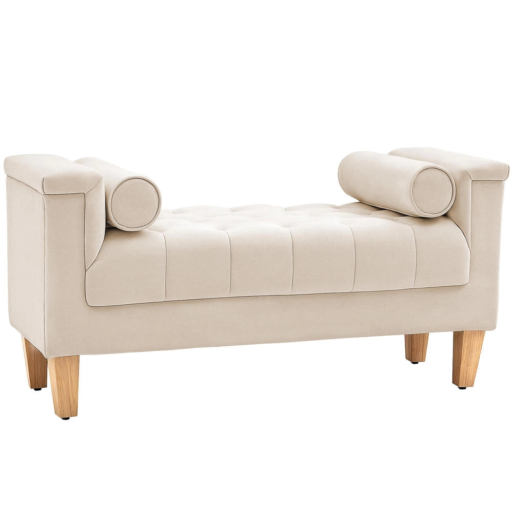 Panca Imbottita Vintage in Ciniglia Beige con 2 Cuscini e Braccioli per Ingresso e Camera da Letto 115 x 44 x 58 cm