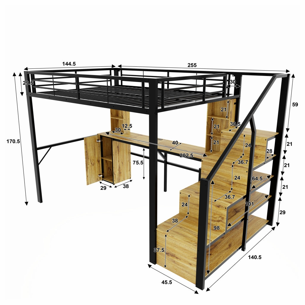 Letto a soppalco 140 × 200 cm con scrivania ripiani armadio scala contenitore metallo e MDF nero con porta USB