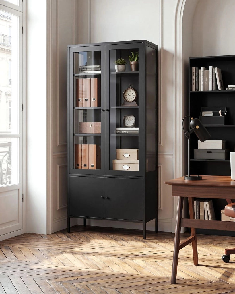 Vetrina moderna in acciaio nero e ante in vetro 180 cm stile contemporaneo industriale sala da pranzo soggiorno
