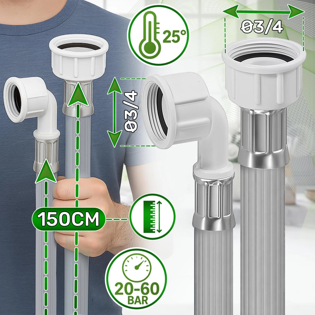 Tubo flessibile per acqua, lunghezza 1,5 metri, attacco 3/4 di pollice, pressione da 20 a 60 bar, temperatura massima di esercizio 25 °C, colore grigio