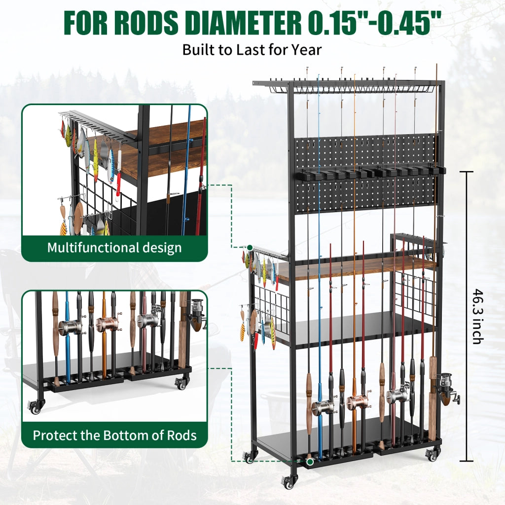Supporto per canne da pesca con pannello appendibile, carrello con ruote, scaffale multilivello per canne, mulinelli, valigie e borse da pesca