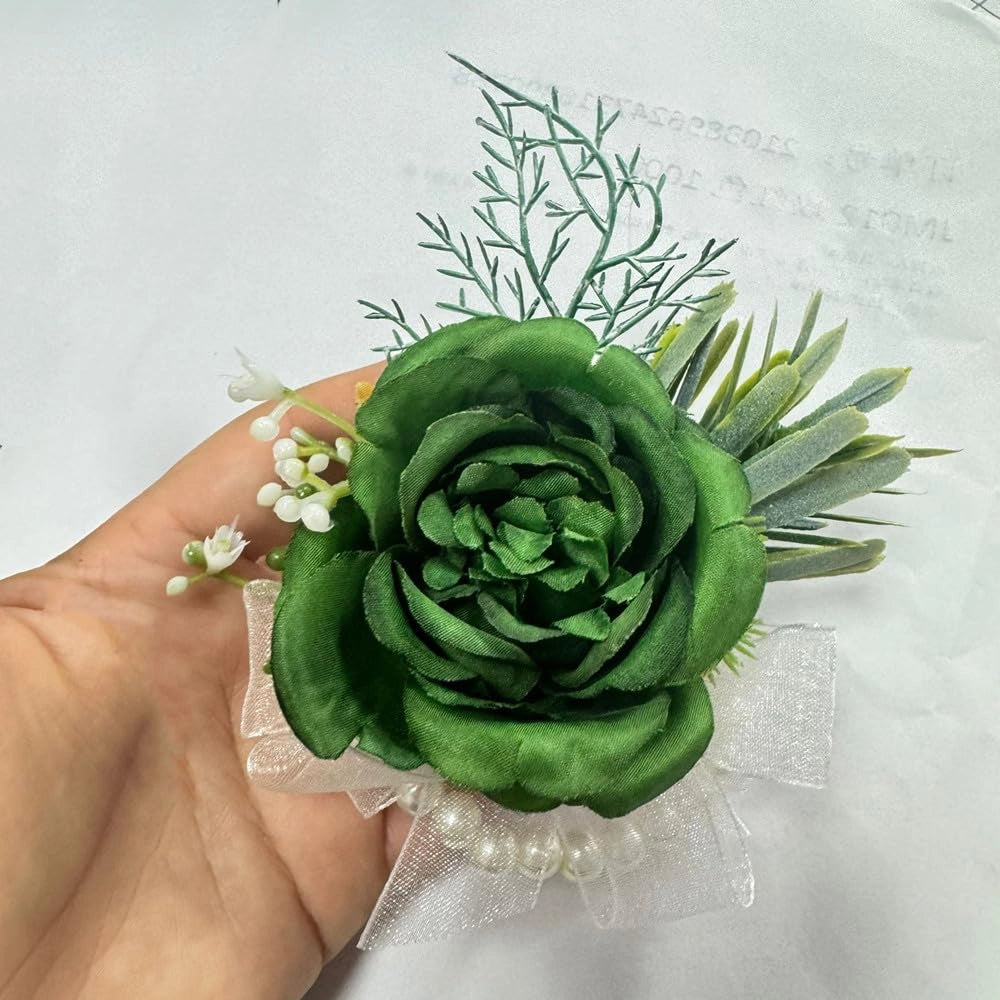 Set di corsage e boutonniere, 2 pezzi, rose di seta verdi, realizzati a mano