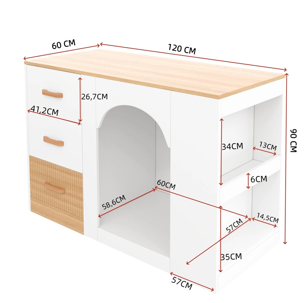Isola da cucina con 3 cassetti e spazio per animali, bianca, 120 x 60 x 90 cm