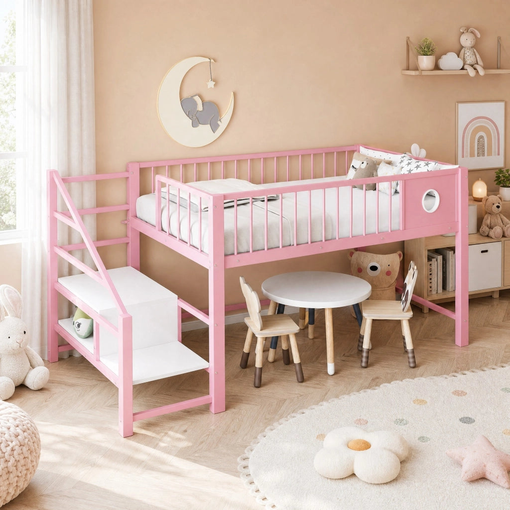 Letto a soppalco basso per bambini 90 × 200 cm con scala contenitore in metallo rosa salvaspazio