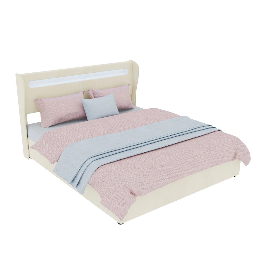 Letto imbottito moderno 160x200 cm con testiera LED integrata beige e base contenitore con meccanismo a gas