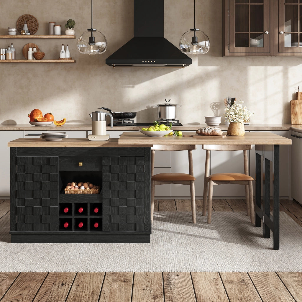 Isola da cucina girevole 120–197 × 40 × 74,2 cm con tavolo estraibile porte patchwork e portabottiglie nero
