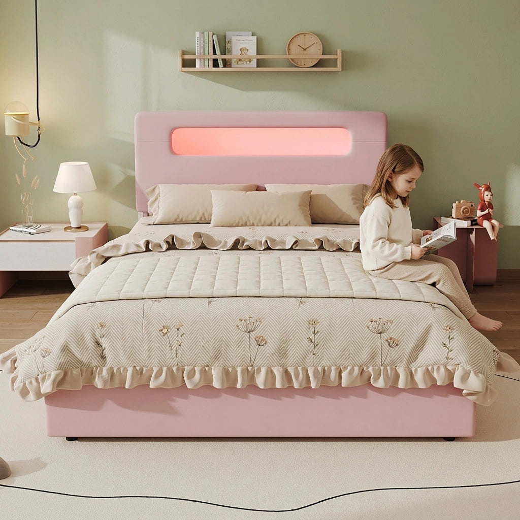 Letto imbottito per bambini 140 × 200 cm con quattro cassetti laterali testiera contenitore in velluto rosa LED app