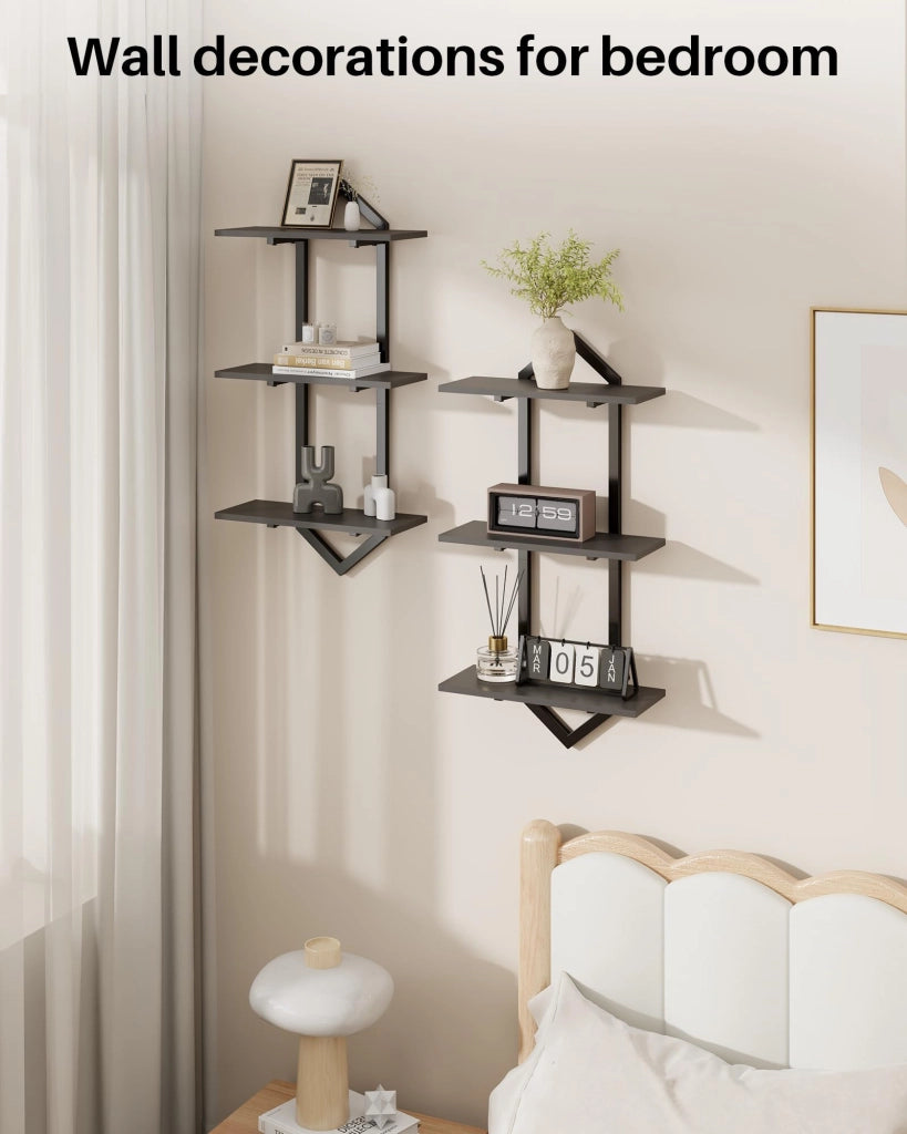 Set di 2 mensole a muro, a 3 ripiani, sospese, in legno, colore nero