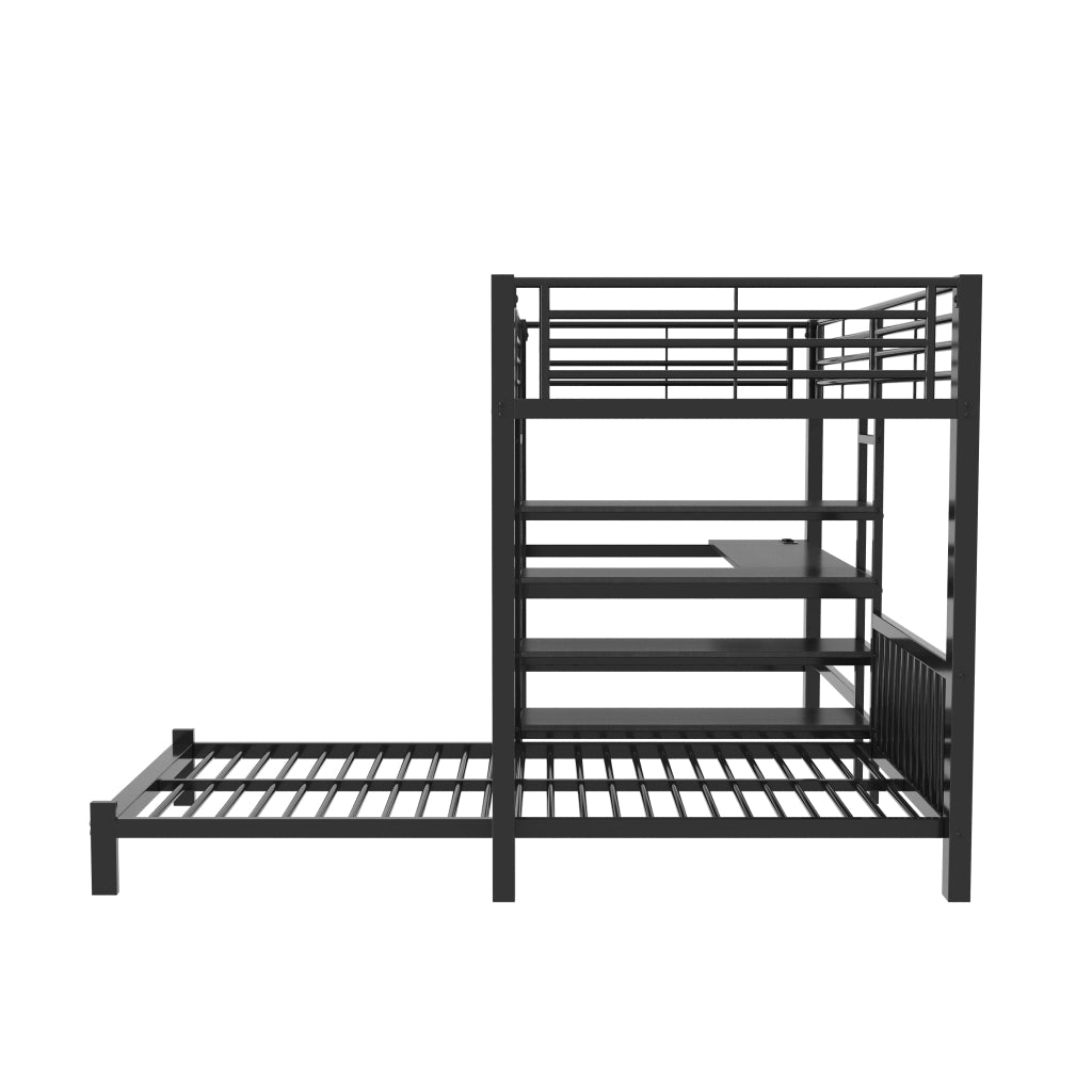 Letto a soppalco a due posti 90 x 200 cm con scrivania a L e ripiani; metallo e MDF nero per cameretta
