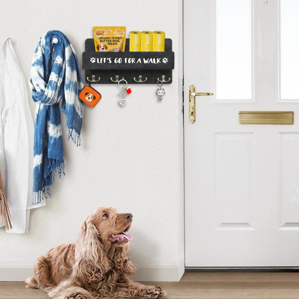 Portachiavi da parete a forma di cappotto per cani, con ripiano, 8 ganci, legno, nero