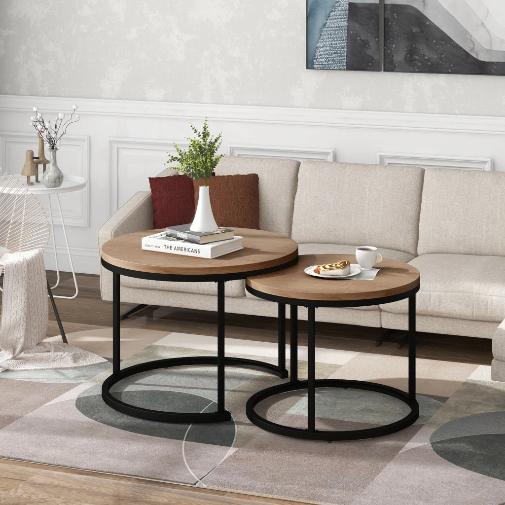 Tavolini da salotto set di 2 rotondi sovrapponibili in MDF noce e nero con struttura in metallo dal design moderno