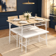Set da pranzo 4 pezzi con tavolo 110x70 cm, 2 sedie e panca, struttura in acciaio e MDF, rivestimento in ecopelle color rovere