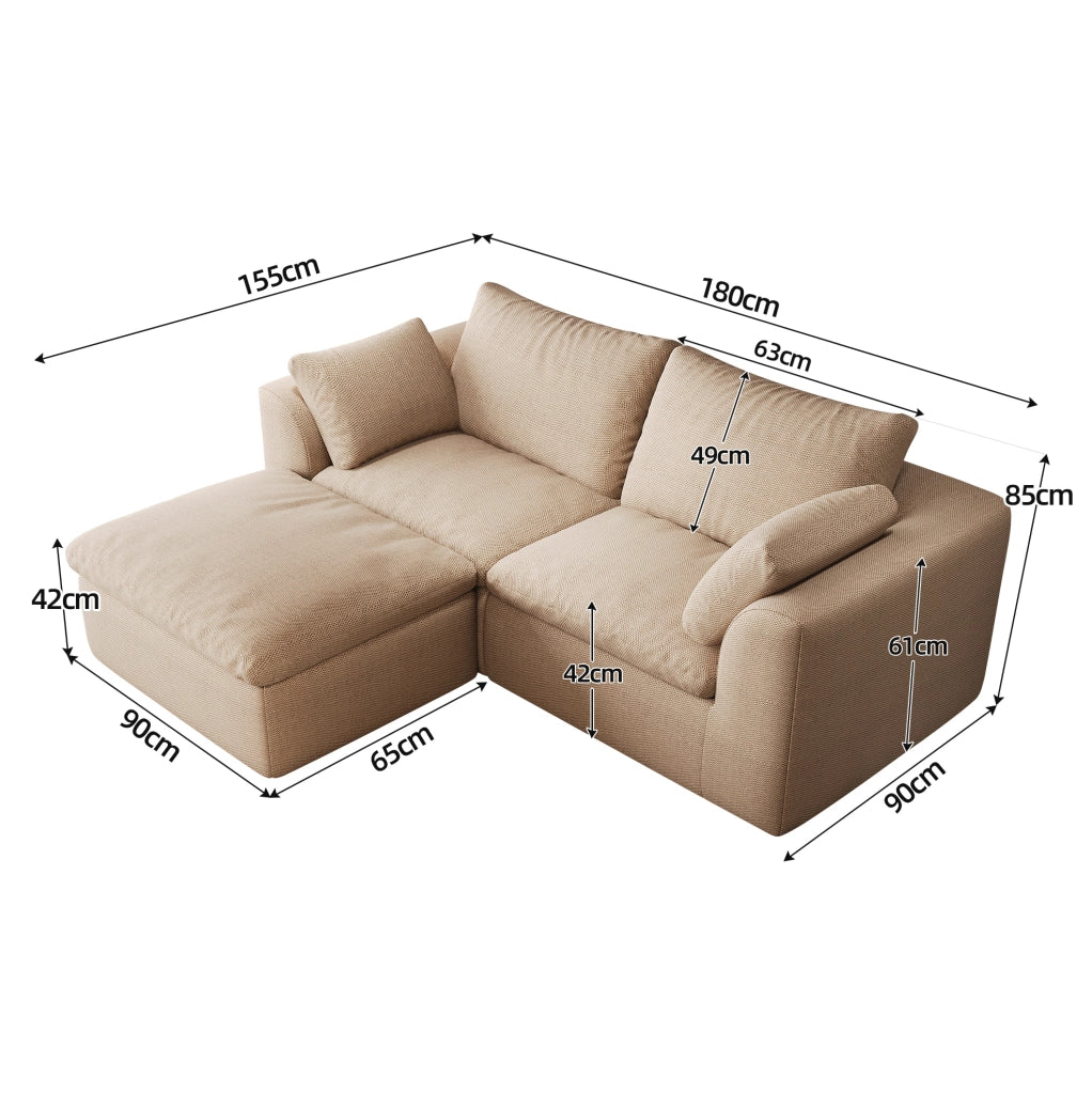 Divano angolare 3 posti 180x155x83 cm in tessuto di lino kaki con imbottitura in schiuma
