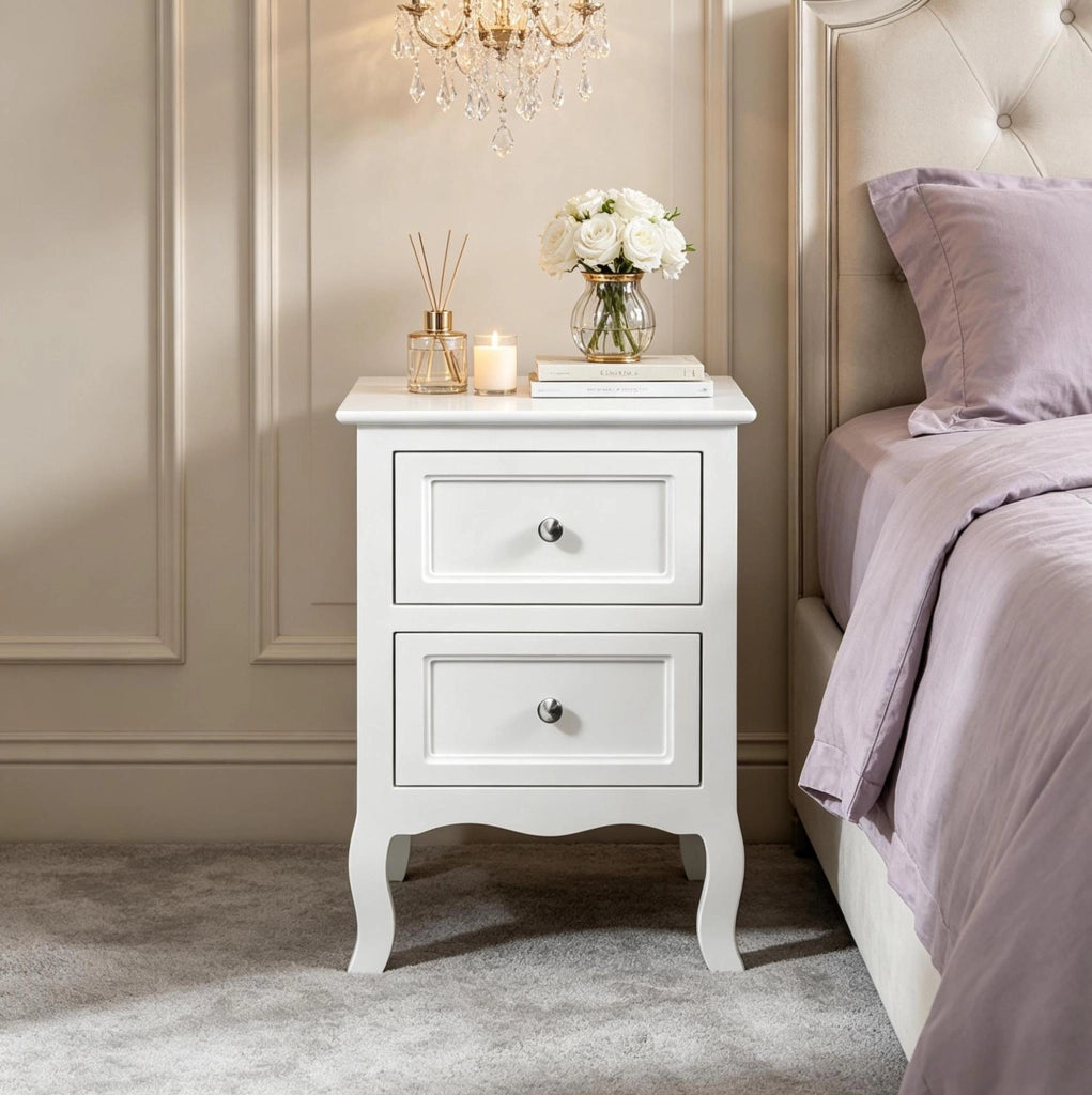 Comodino moderno in MDF bianco con 2 cassetti, 40x60x30 cm