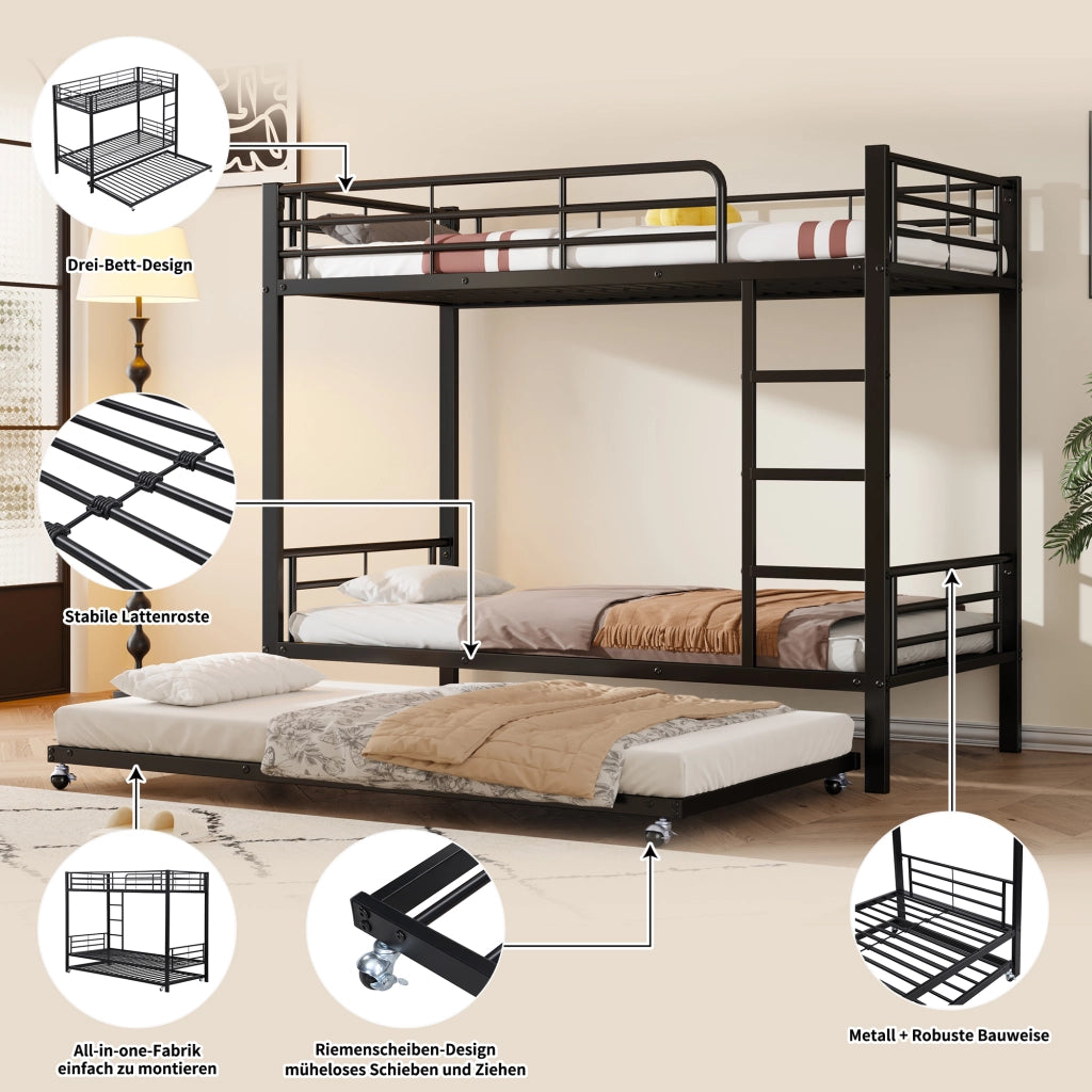 Letto a castello con letto estraibile in metallo nero 90 × 200 cm e 90 × 190 cm con scala a tre gradini