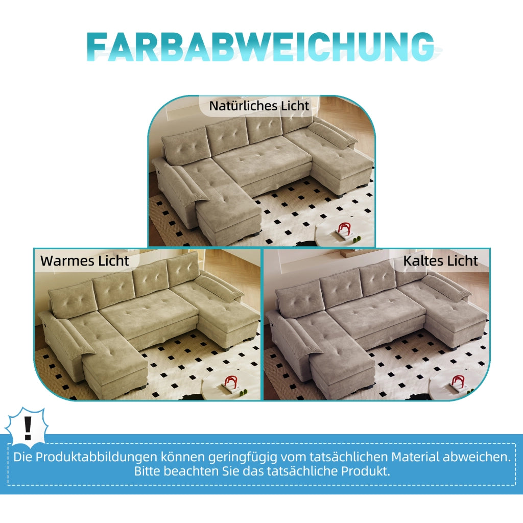 Divano letto panoramico a U modulare in chenille color cammello con letto estraibile; USB e 4 cuscini schienale