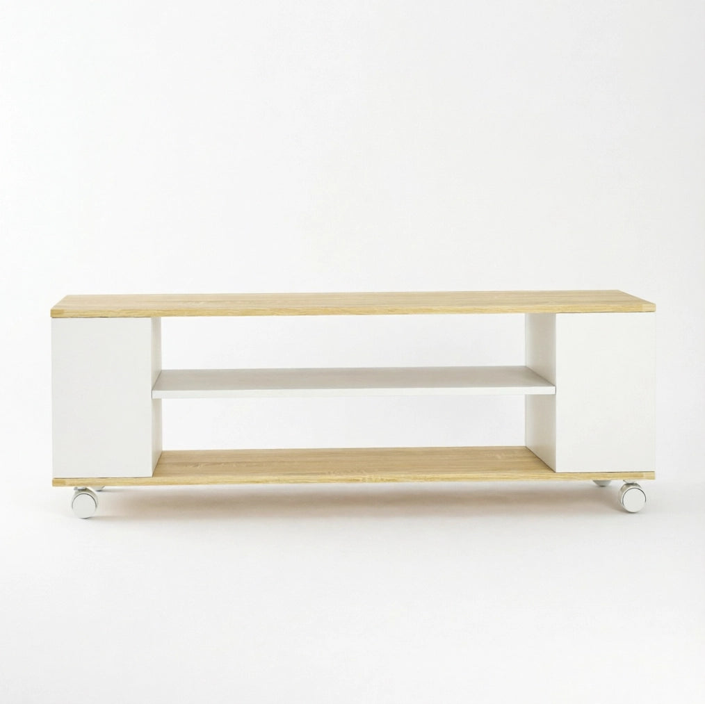 Mobile TV su ruote 120x40x38,5 cm in pannello truciolare bianco naturale per soggiorno