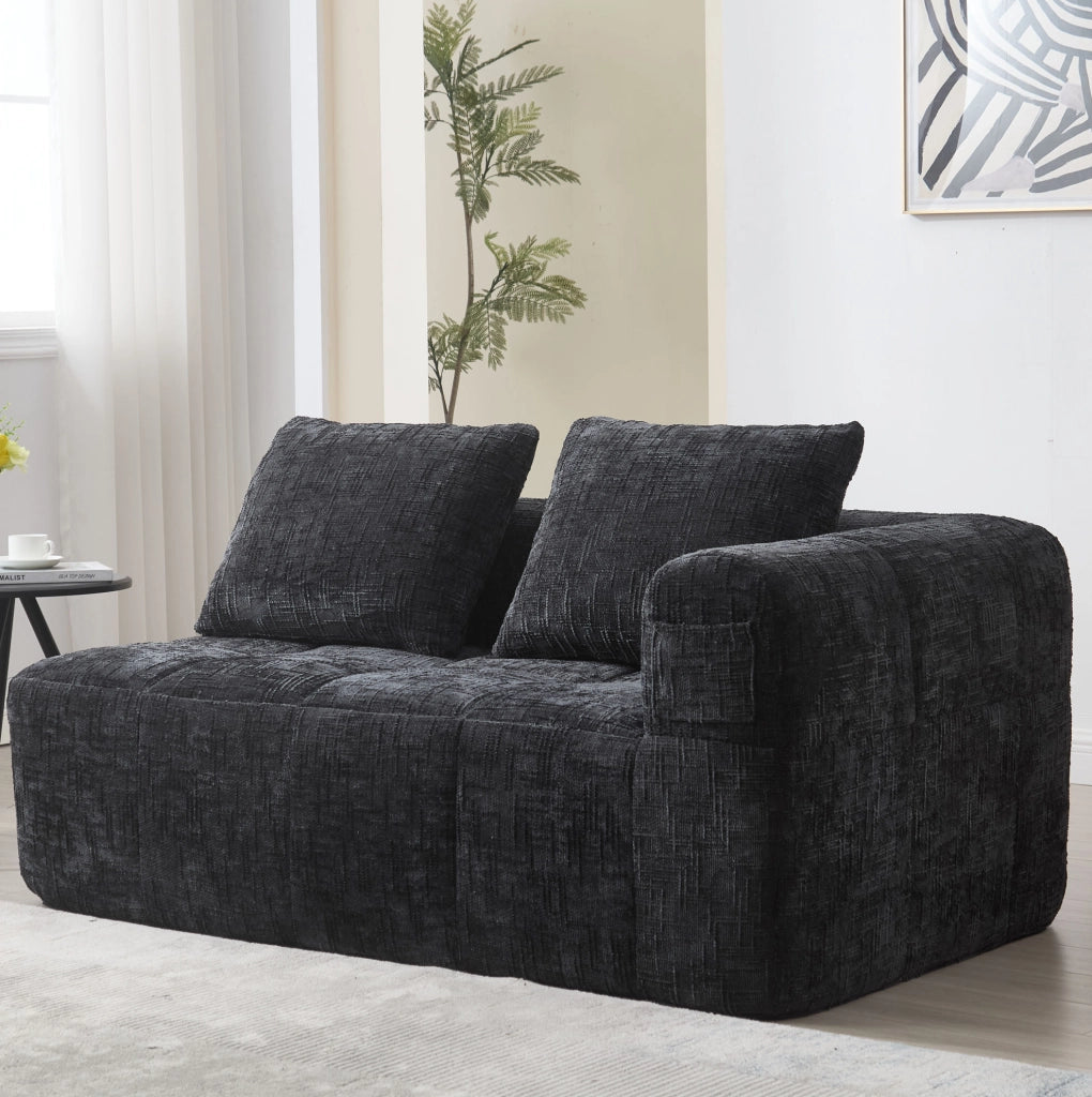 Divano a 2 posti 158x90x60 cm in ciniglia nera, senza montaggio, tasche laterali