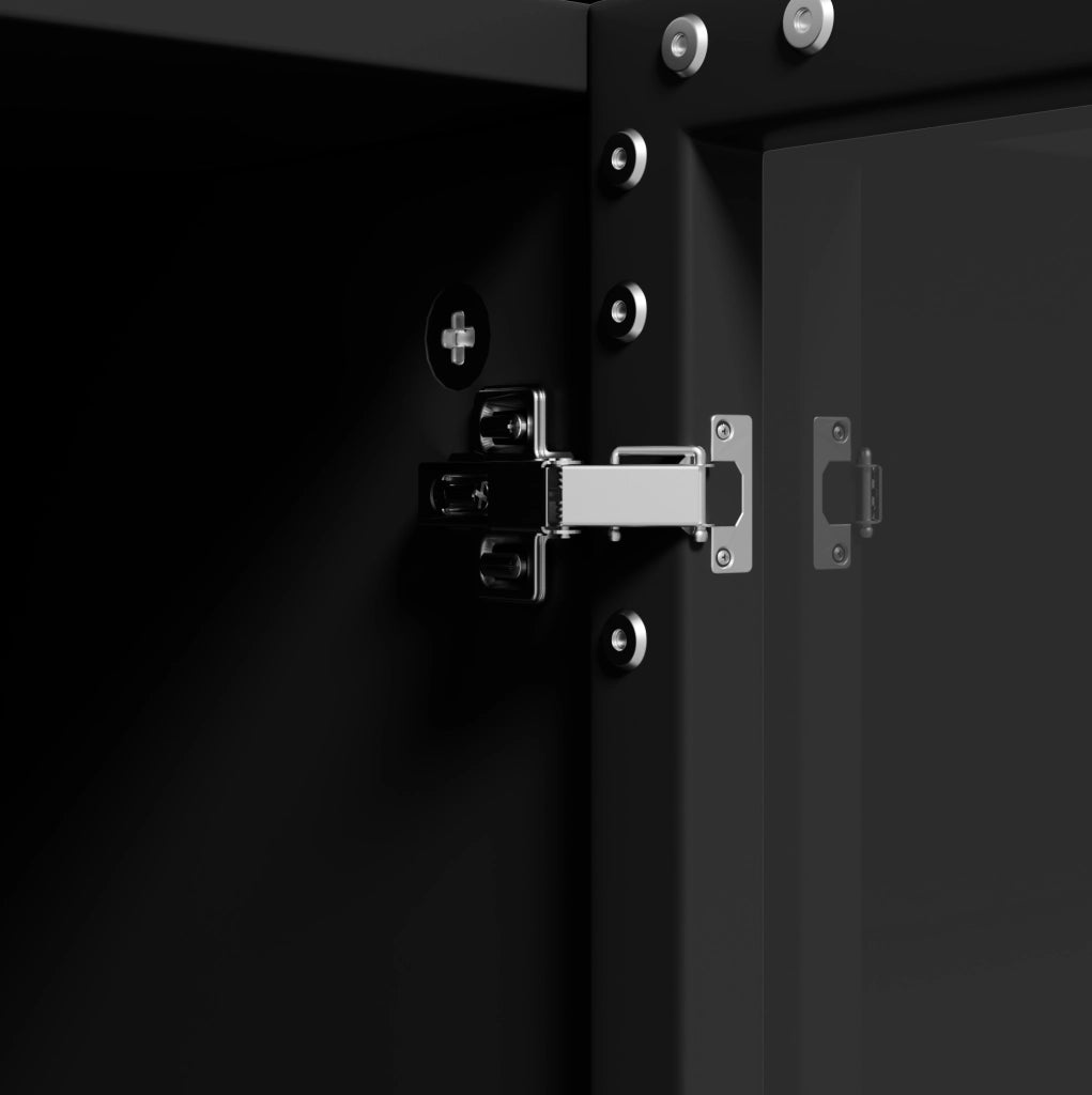 Vetrina nera con ante in vetro, illuminazione LED gestibile tramite app e 2 cassetti