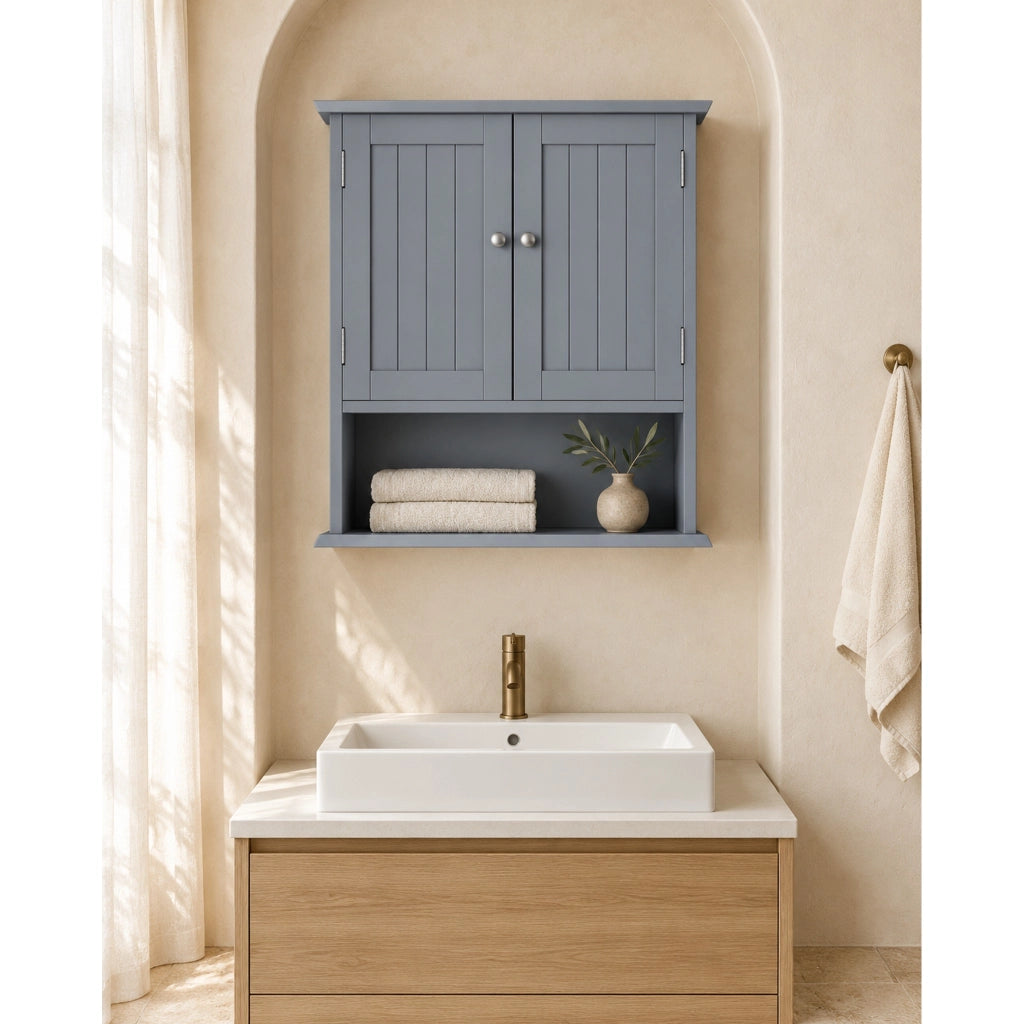 Mobile bagno da parete in MDF con 2 ante e ripiani regolabili, grigio, 54,6x19,8x60 cm