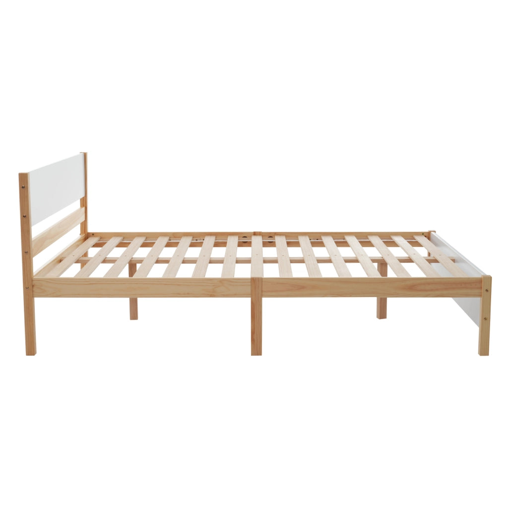 Letto matrimoniale 140x200 cm in legno di pino e MDF con 15 doghe; bianco e naturale