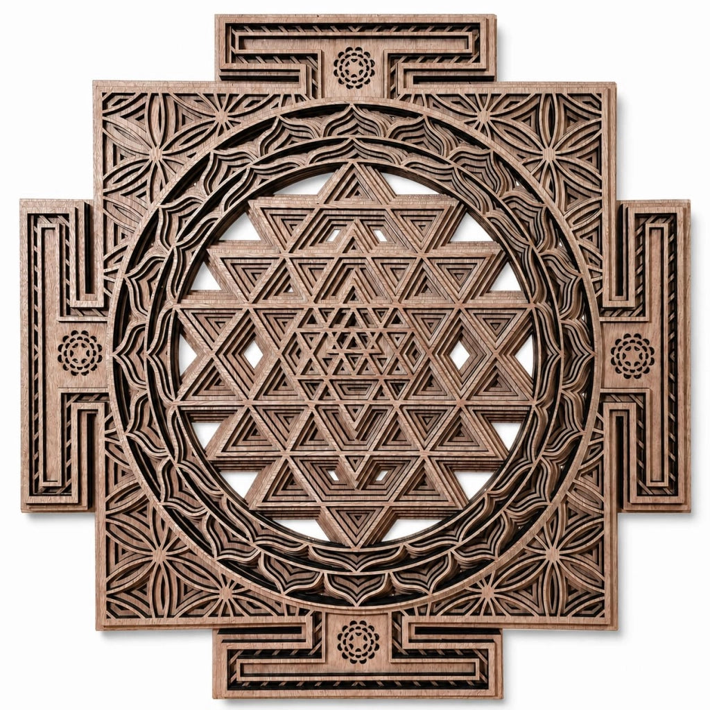 Pannello decorativo in legno raffigurante il Sri Yantra, simbolo della geometria sacra, dimensioni 43,2 x 43,2 cm, colore marrone rame
