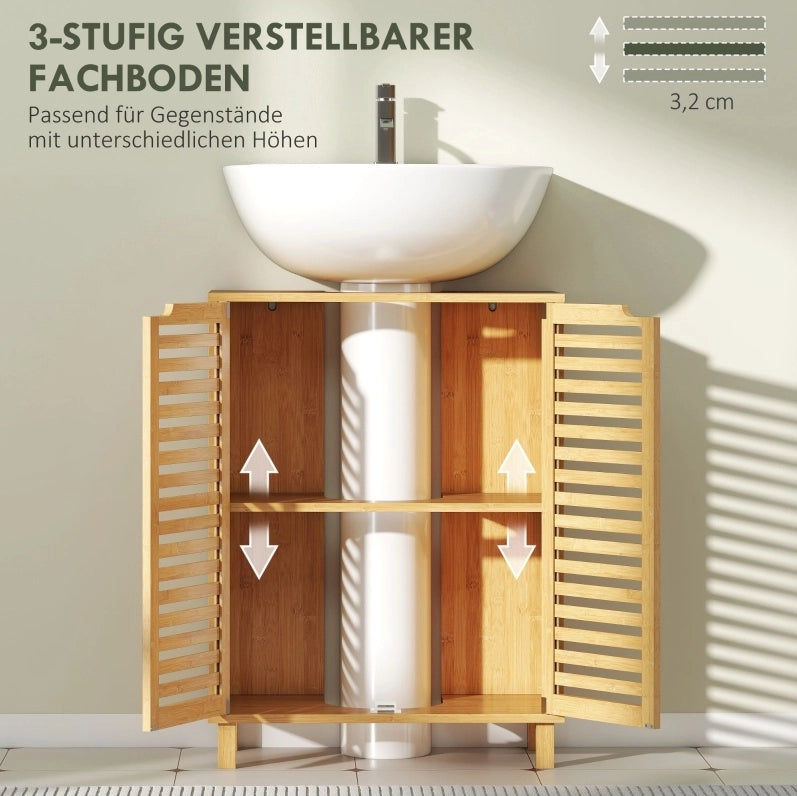 Mobile bagno in bambù con ante a lamelle e ripiani regolabili, 60x30x80 cm, colore naturale