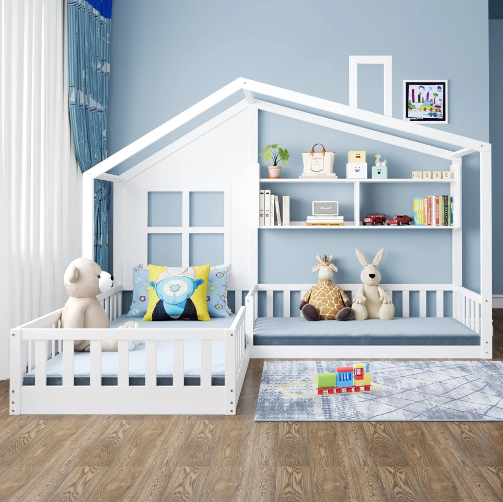 Letto per bambini a casetta 90x200 cm con ripiani e sponde; in MDF; bianco