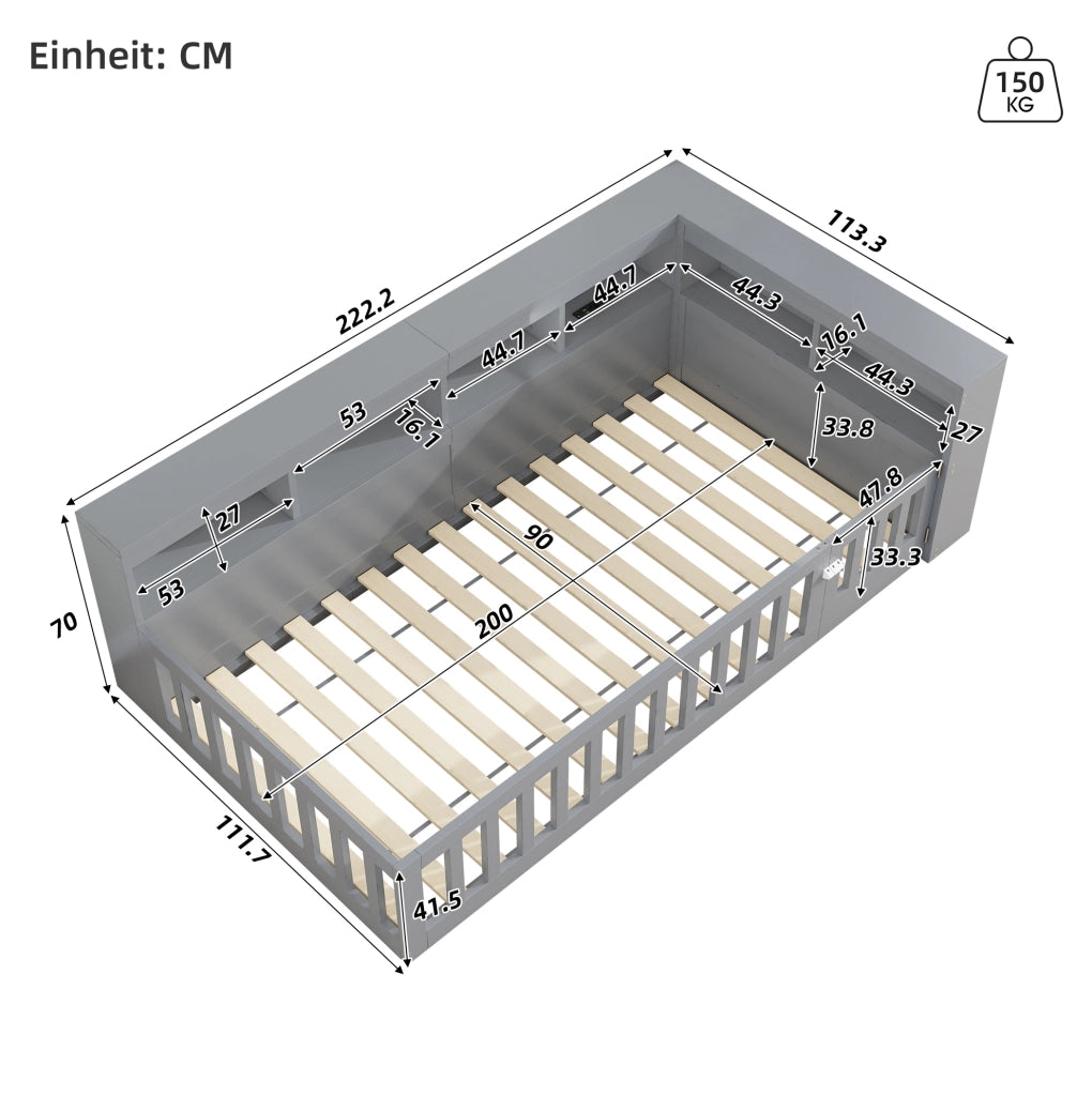 Letto giorno 90x200 cm con rete a doghe, guida estraibile, prese elettriche e USB, struttura in truciolato grigio