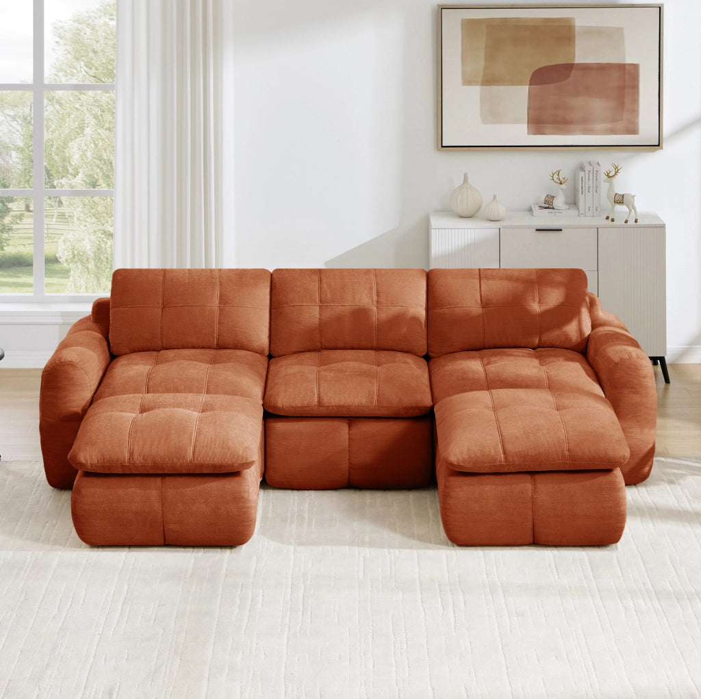 Divano modulare a U 264x160x68 cm in ciniglia arancione, 3 posti con 2 pouf