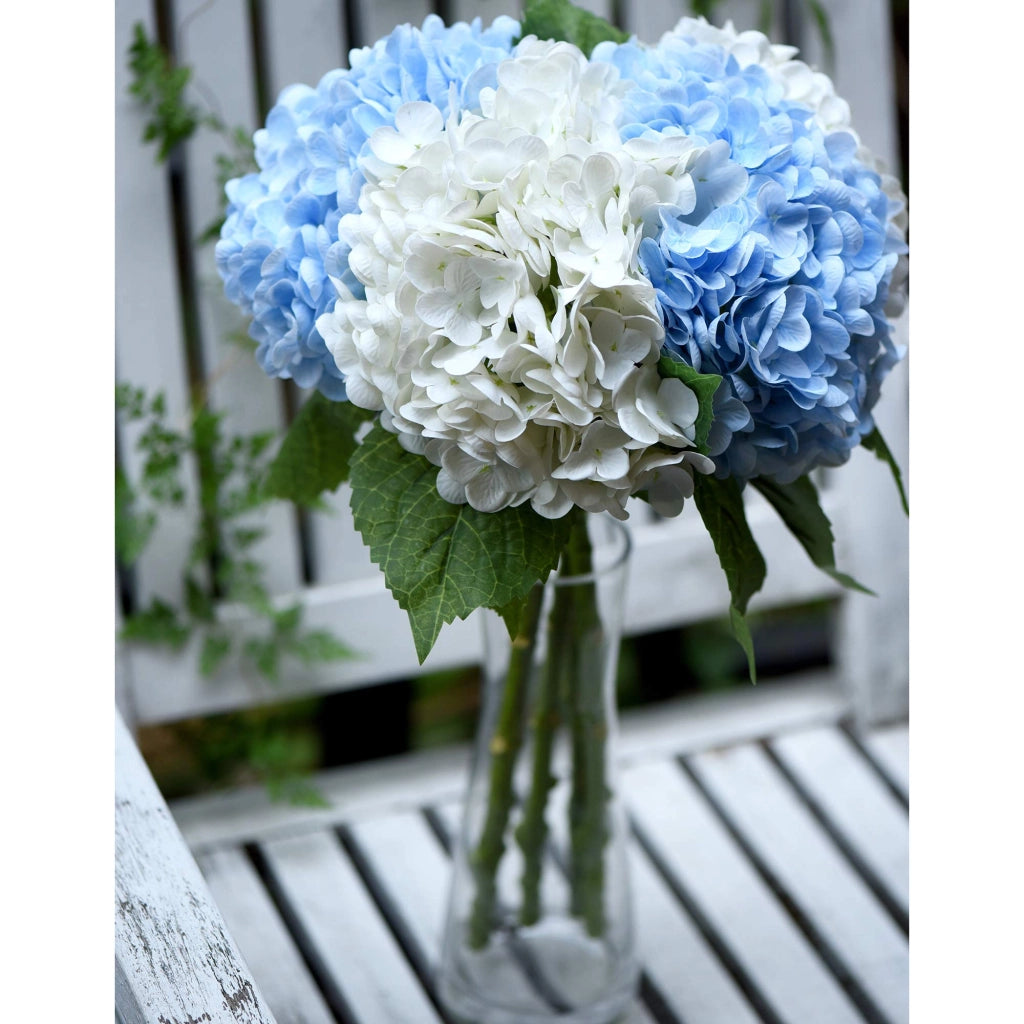 Ortensie artificiali, 2 steli, bianco/blu, 48 cm, ideali per matrimoni e decorazioni