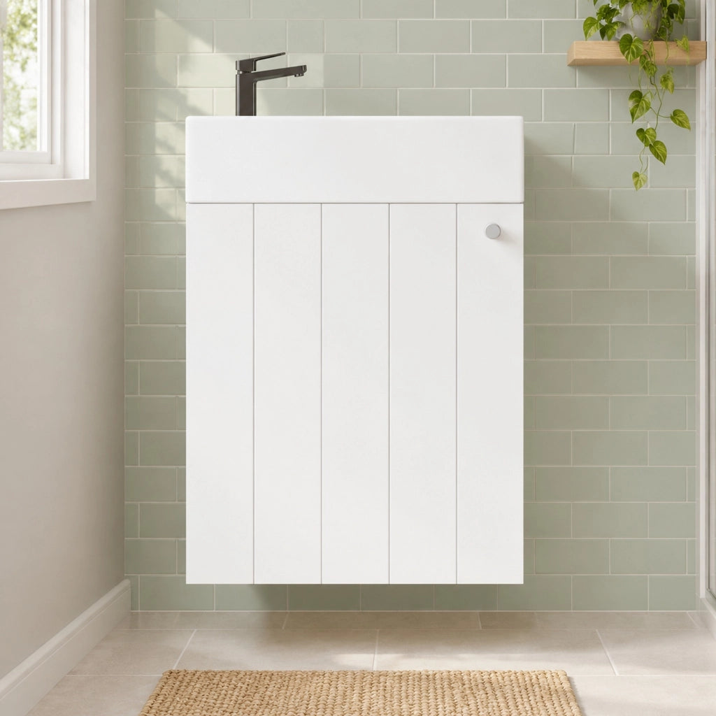 Mobile lavabo sospeso 41 × 23 × 62,5 cm in ceramica e MDF bianco con anta soft close salvaspazio per bagno
