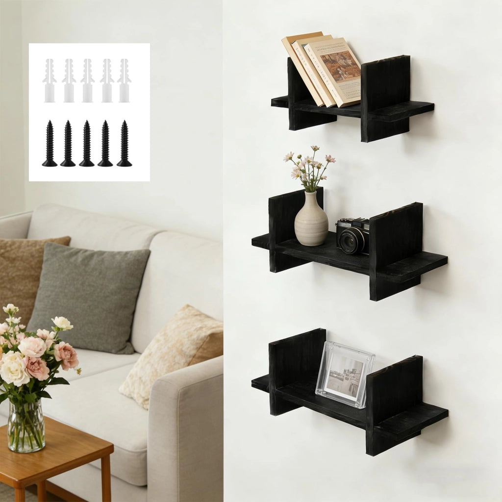 Set di 3 mensole sospese in legno, colore nero