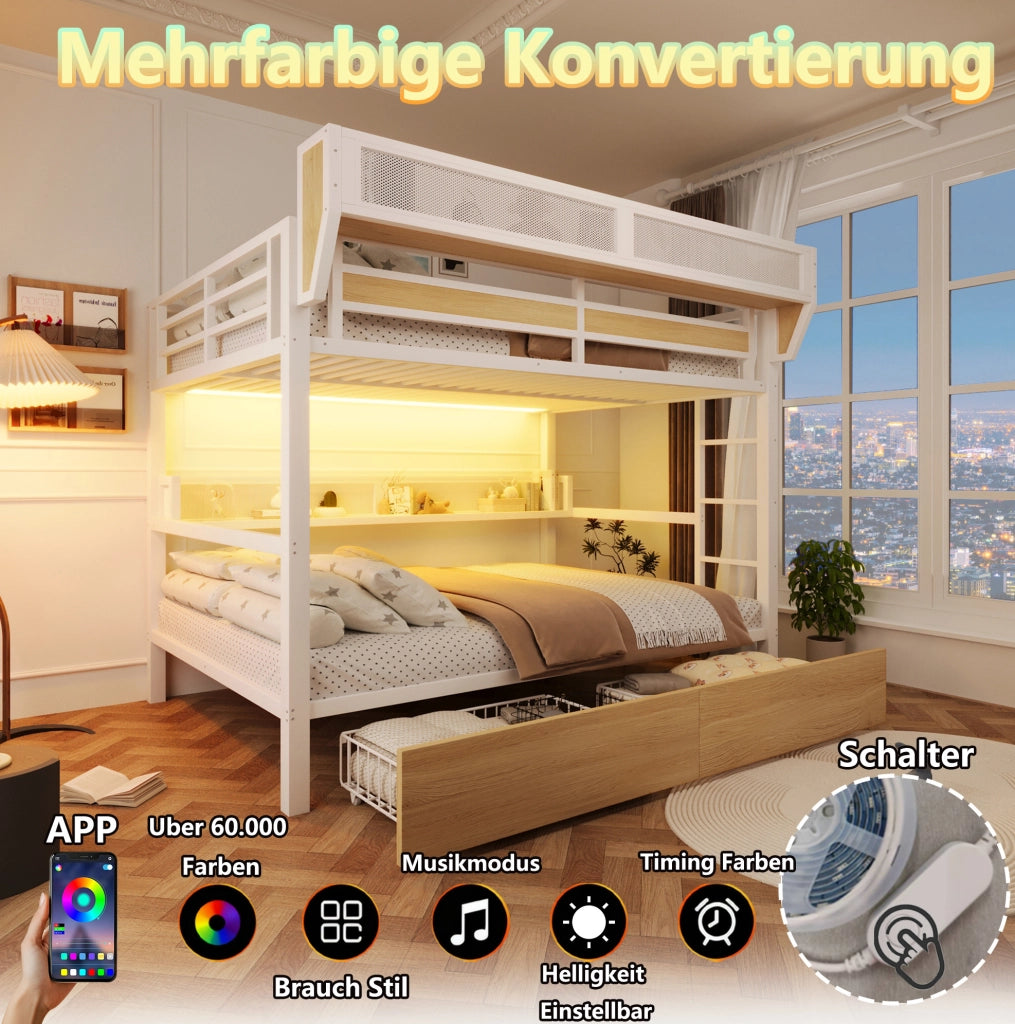 Letto a soppalco 140 x 200 cm bianco con cassetti, ripiano e luce LED