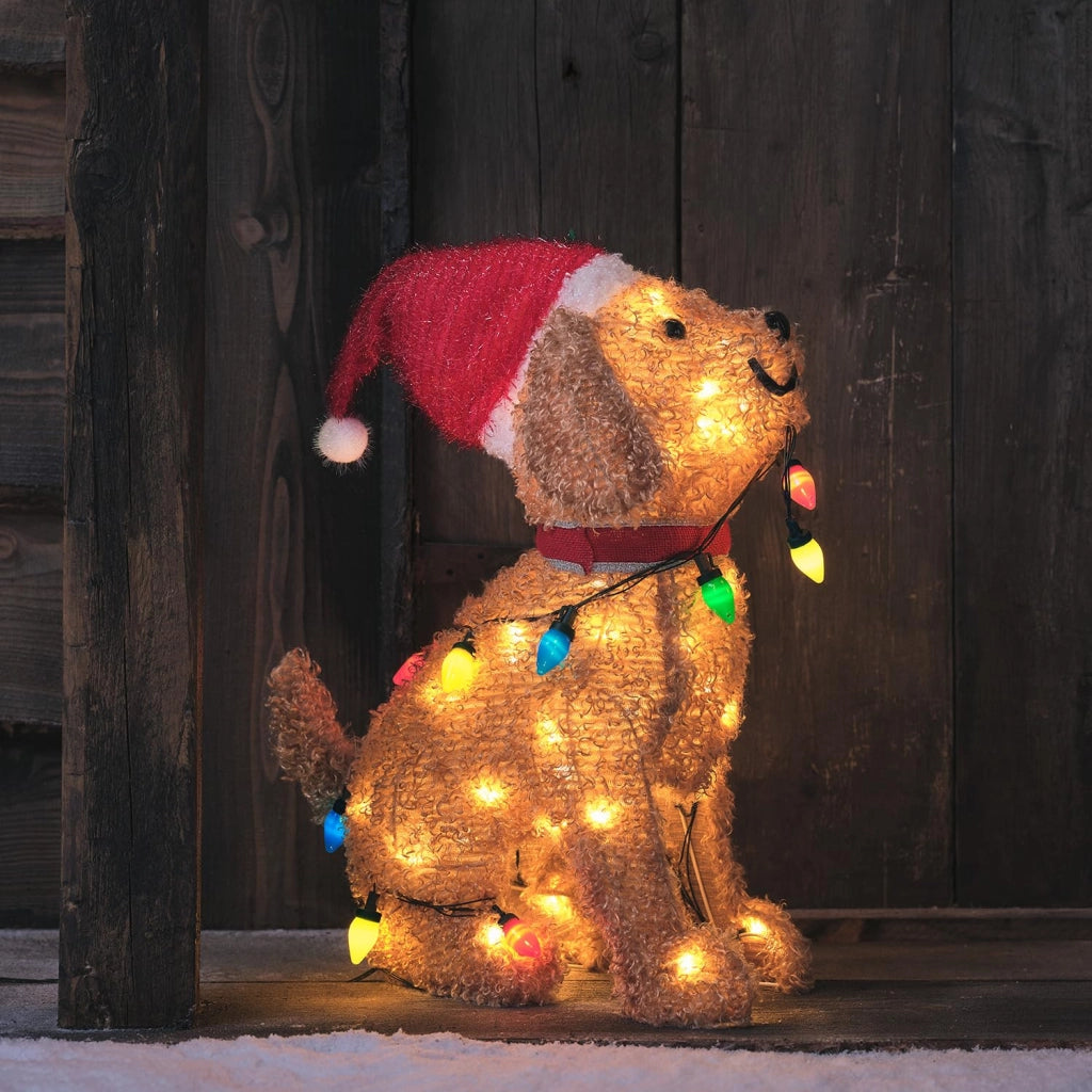 Figura di un cane a LED, 53 cm, con 50 luci LED bianco caldo, decorazione natalizia