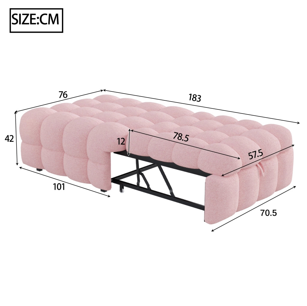 Letto singolo imbottito 2-in-1 con pouf estraibile, divano letto in bouclé rosa, 183x76x42 cm